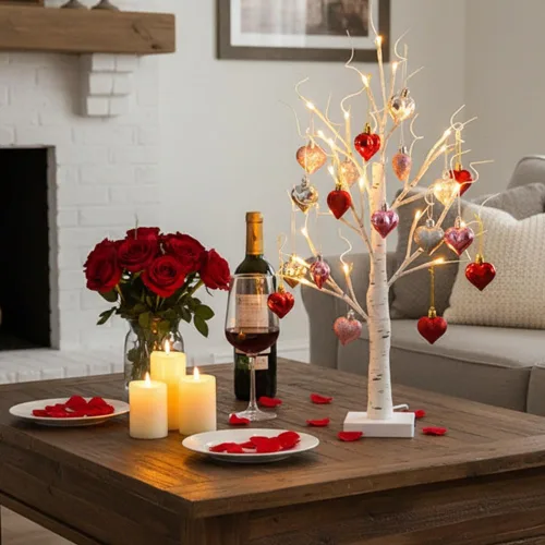 Vista 8 de Árbol de abedul iluminado para el día de San Valentín con adornos de corazón, lámpara LED romántica de árbol de ramita de abedul de mesa, 24 luces
