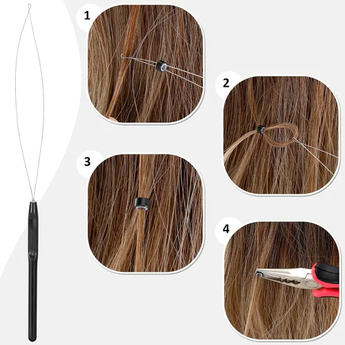 Vista 3 de Kit de herramientas de extensión de cabello, 600 micro anillos forrados de silicona, 1 alicate, 2 bucles de tracción de aguja de gancho, 10 agujas