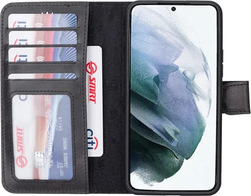 Vista 2 de HARDISTON Funda tipo cartera compatible con Samsung Galaxy S21, hecha a mano, de piel auténtica, cubierta magnética desmontable tipo flip con Negro