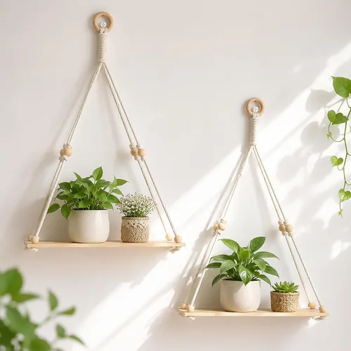 Vista 10 de Artilady Paquete de 2 estantes de madera para colgar en la pared, estantes flotantes bohemios, estante de plantas de macramé blanco, estante