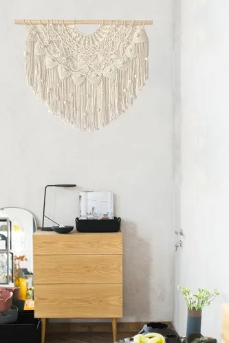 Vista 3 de Youngeast Cortina grande de macramé para colgar en la pared, estilo bohemio, con cuentas para ventana, macramé, cabecero, sala de estar, decoración
