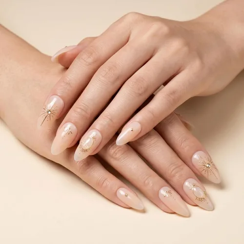 Vista 3 de Sun&Beam Nails Dije hecho a mano de almendra media larga con diseño de diamante de color nude, lindas puntas de uñas postizas, 10 unidades (#99 S)