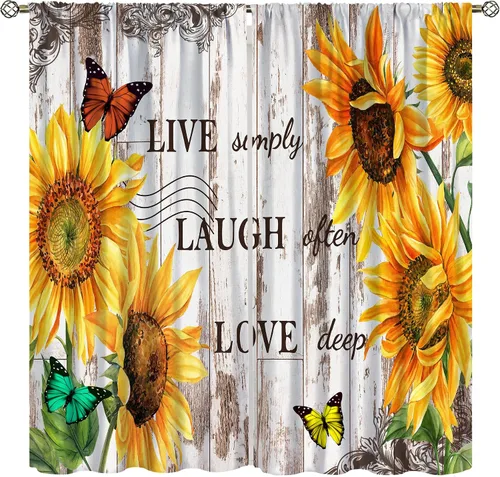 Vista 26 de Sunflower Curtains for Living Room Bedroom, Spring Nature Blue Sky and Butterfly Window Drapes, Rustic Wooden Fence Floral Botanical Decor, 2 Panels