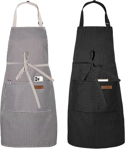 Vista 9 de Serrenf Paquete de 2 delantales, delantales de cocina de cocina, delantal ajustable con 2 bolsillos para hombres y mujeres, delantal de chef