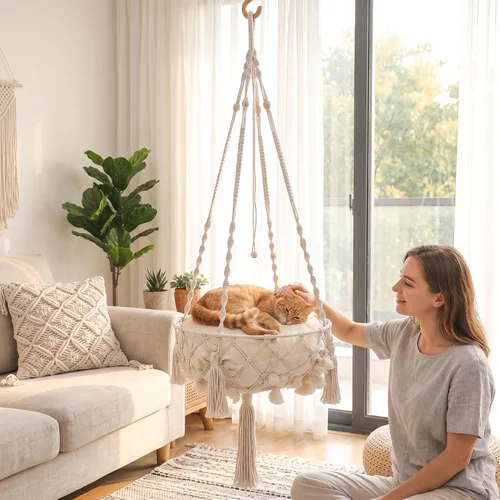 Vista 8 de Beige Breathable Boho Hanging Cat Hammock, Cat Swing Bed, Soft Indoor Hanging Bed, Cozy Pet Swing, Hammock, Relaxing Furniture
