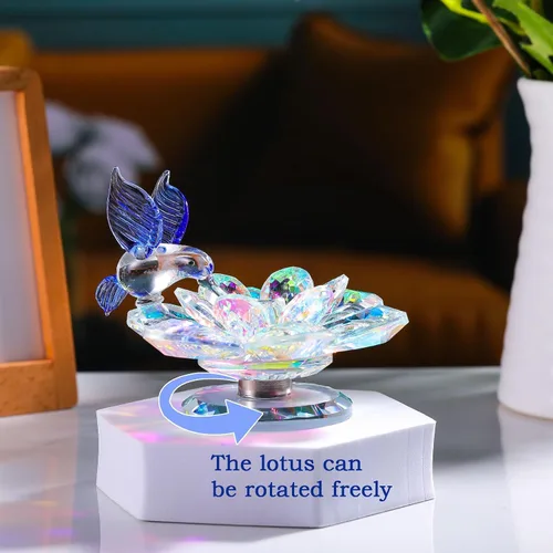 Vista 5 de Movdyka Figura de cristal, decoración de flor de loto, regalo de colibrí azul, para mujer, adornos de vidrio cristal brillante, reflejo de flor