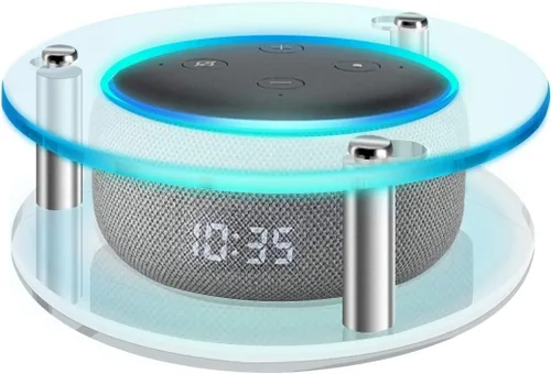 Vista 3 de Geekria Soporte de altavoz acrílico transparente compatible con Echo Dot 2019 de 3ª generación (con/sin reloj), soporte de pared y soporte