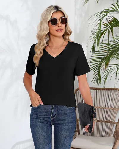Vista 7 de Ficerd Paquete de 2 camisetas con cuello en V para mujer, manga corta o larga, camisetas básicas de verano casuales con dobladillo sólido