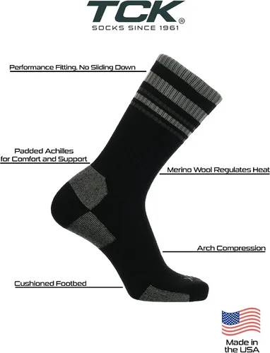 Vista 15 de TCK Calcetines de lana merino para hombres y mujeres para senderismo, caza, ciclismo de montaña, longitud de la tripulación para botas