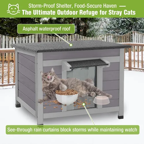 Vista 4 de GUTINNEEN Casa climatizada para gatos al aire libre con forro aislante para invierno, impermeable, refugio para gatos