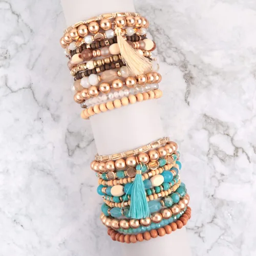 Vista 3 de RIAH FASHION Bohemian Multi-Layer Beaded Pendant Statement Stretch Strand Bracelet - Sparkly Bead Tassel Pom Pom Star Charm Stack Cuff Bangles