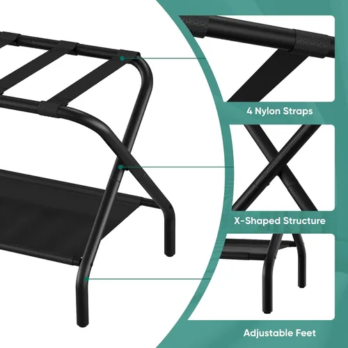 Vista 5 de Smuxee Portaequipajes Negro Paquete de 2, Soporte Plegable para Maletas con Estante de Almacenamiento de Tela, Portamaletas con 4 Correas de Nailon