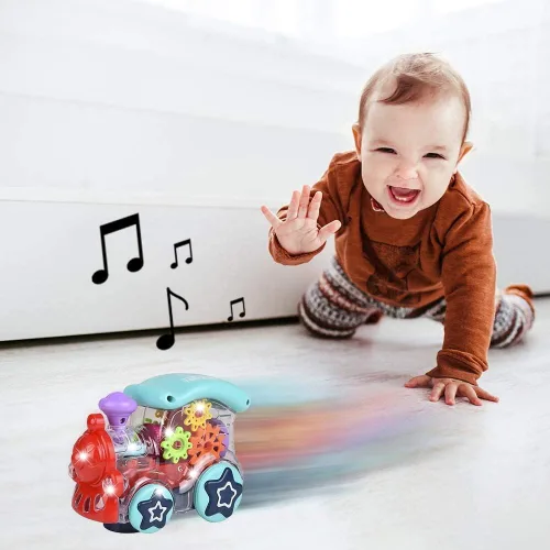 Vista 6 de ArtCreativity Tren de juguete transparente iluminado para niños, 1 unidad, auto de juguete Bump and Go con engranajes móviles coloridos, música