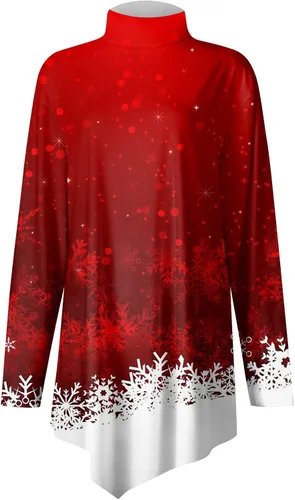 Vista 5 de Christmas Shirts for Women, Women's Fall Christmas Print Tops High Neck 2023 Top Irregular Hem Cute Long Sleeve Pullover