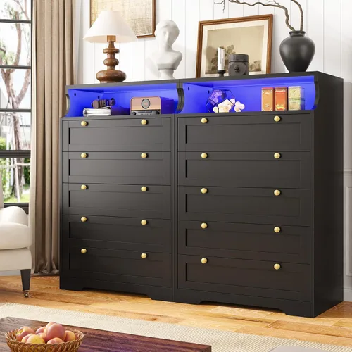 Vista 3 de EnHomee Black Dresser with 5 Drawers for Bedroom,Tall Dresser with LED Lights and 2 Shelves,Dressers & Chests of Drawers for Hallway,Entryway,Black