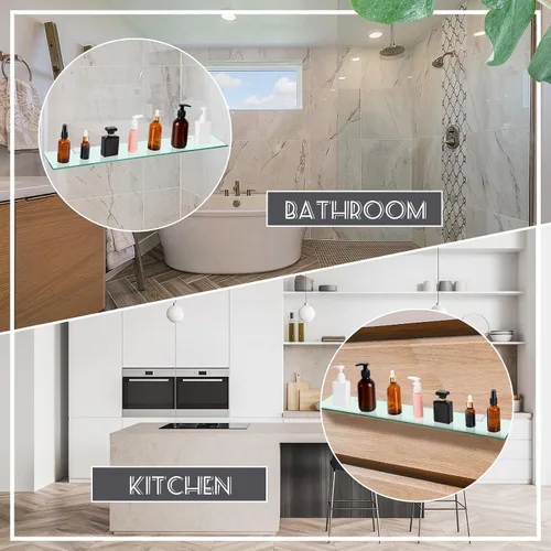 Vista 7 de Tatuo 2 piezas de 23.6 pulgadas estante de baño de vidrio templado para baño, acero inoxidable 304 estantes de vidrio flotante de montaje en pared