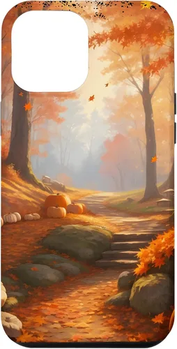 Vista 24 de iPhone 13 Pro Max Idílica escena del bosque de otoño, hojas de otoño, funda de calabazas