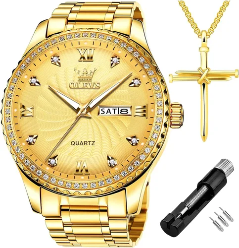 Vista 32 de OLEVS - Relojes de diamantes para hombres, relojes de vestir a prueba de agua, relojes analógicos de cuarzo de lujo con calendario de fecha y correa