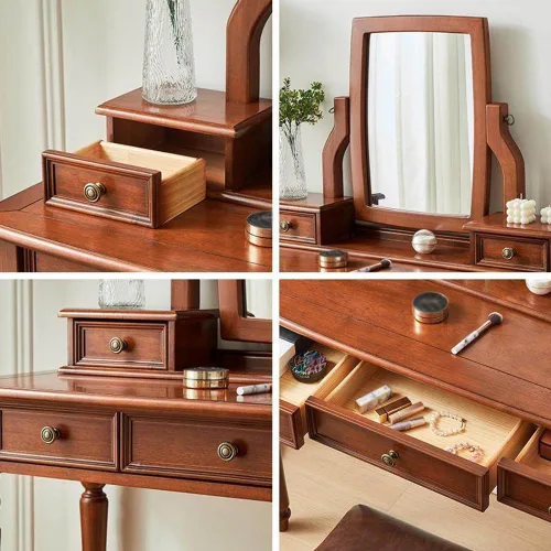 Vista 5 de 39.4in Vintage Vanity Desk with Adjustable Angle Mirror, Wooden Dressing Table Set for Bedroom with 5 Drawers, Cushioned Stool