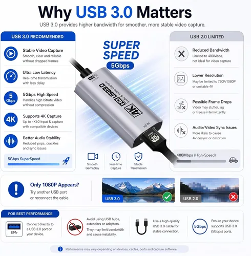 Vista 6 de Guermok HDMI Capture Card, USB 3.0 HDMI to USBC Video Capture Card, 4K60FPS Plateado