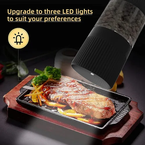 Vista 6 de T-mark Juego de molinillo eléctrico de sal y pimienta, funciona con pilas, molinillo automático de sal y pimienta con una sola mano con luces LED