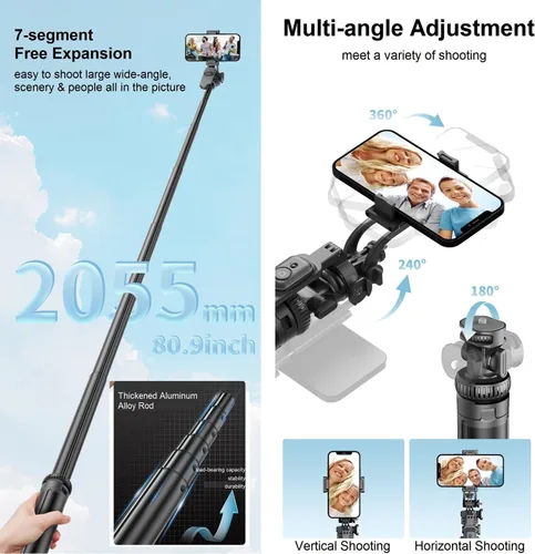 Vista 5 de Trípode de teléfono de 80 pulgadas y palo para selfies, trípode alto extensible todo en uno para teléfono celular para iPhone con control remoto