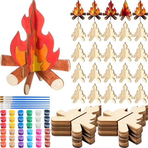 Vista 7 de DoubleFill Juego de 12 manualidades de madera para pintar rebanadas de madera sin terminar, forma de llamas, camping, manualidades, 3D, centro