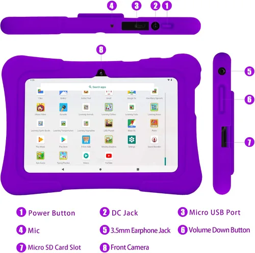Vista 7 de PRITOM Tablet infantil de 7 pulgadas, Android de cuatro núcleos de almacenamiento de 10,32 GB, WiFi, Bluetooth, cámara dual, educación