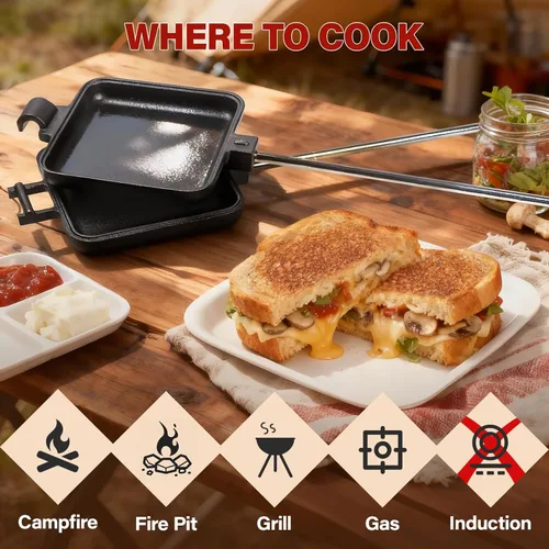 Vista 6 de Mountain Pie Maker Hierro Fundido, Hierro para tartas de fogata, hobo para acampar, paquete de 2