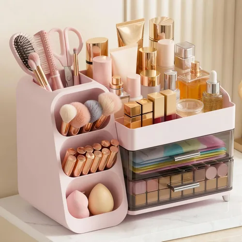 Vista 9 de Organizador de maquillaje de gran capacidad con soporte para brochas de maquillaje para tocador, material grueso, organizador de encimera de baño
