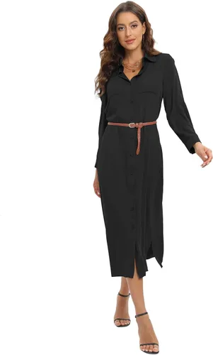 Vista 4 de Vestido elegante casual con botones y manga enrollada, maxi vestido largo con abertura y cinturón para mujer