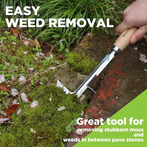 Vista 7 de WORKPRO Desbrozadora de grietas, herramienta de deshierbe de acero inoxidable de 12 pulgadas con mango de madera de haya, espátula extractora