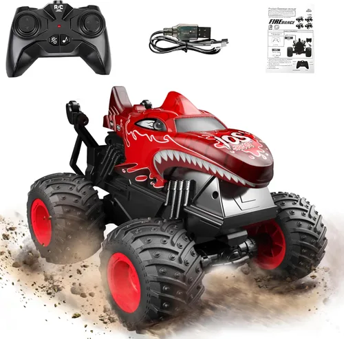 Vista 8 de BEZGAR Monster Truck Toys - Camión monstruo de control remoto con luz y música, juguetes de dinosaurios para niños, camión RC a escala 1:20 con Azul