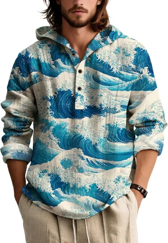 Vista 5 de Sudadera con capucha con estampado floral colorido para hombre, con botones, holgada, de manga larga, sudadera con capucha de gran tamaño para otoño