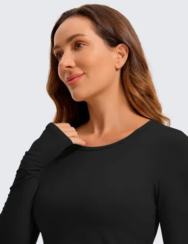 Vista 3 de CRZ YOGA Camisetas cortas de manga larga para mujer, camisetas recortadas de entrenamiento, yoga, ajustadas, atléticas, para gimnasio, con agujero