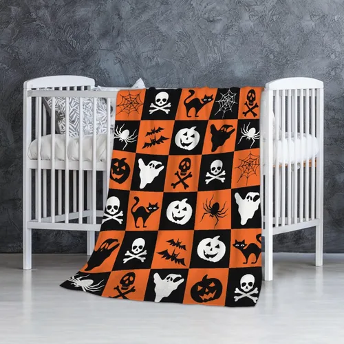 Vista 2 de Manta de Halloween para bebé, diseño de calabaza, fantasma, telaraña, súper suave, manta acogedora para recién nacido, manta de recepción para bebé