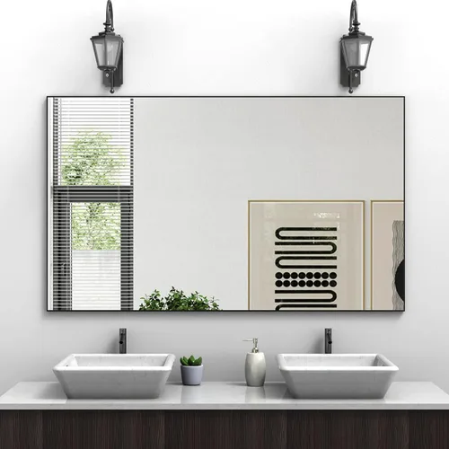 Vista 16 de Espejo de pared con estante para baño, 28 x 18 pulgadas, marco negro, espejos de pared para colgar horizontal o vertical, espejos modernos de pared