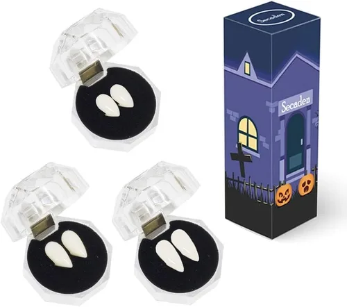 Vista 2 de Secaden 3 pares de dientes de vampiro colmillos dentaduras de cosplay, accesorios de Halloween, regalos de fiesta