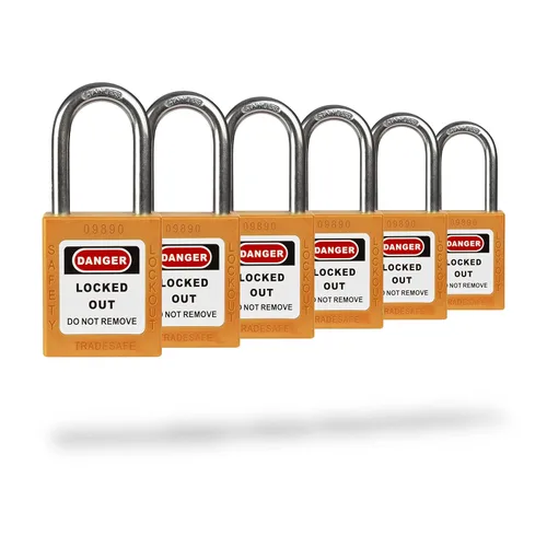 Vista 15 de TRADESAFE Juego de cerraduras de bloqueo - 7 candados iguales con llave roja, 2 llaves por cerradura, cerraduras Loto compatibles con OSHA