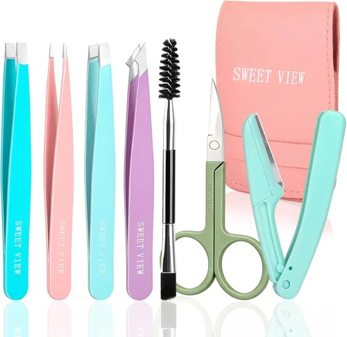 Vista 8 de SWEET VIEW Juego de 7 pinzas para cejas para mujeres, pinzas de precisión con tijeras para cejas y navaja y bobina para depilación facial, barbilla