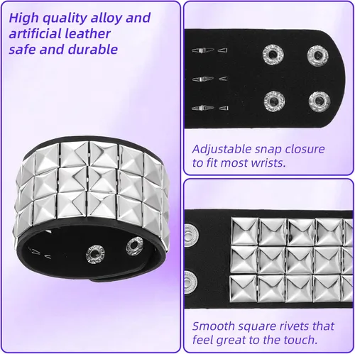 Vista 3 de Juego de 3 pulseras de cuero punk rock con tachuelas para hombres y mujeres, juego de pulseras góticas con púas para los años 80 y 90, joyería emo