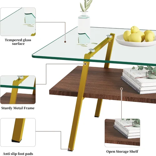 Vista 5 de IANIYA Mesa de centro de cristal para sala de estar, pequeña mesa auxiliar dorada de mediados de siglo para sala de estar con estantes de madera