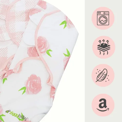 Vista 6 de Ziggy Baby Juego de manta ajustable para bebé niña, tamaño pequeño/mediano, 0-3 meses, paquete de 3 unidades, peonía rosa, corazón rosa, cuadros