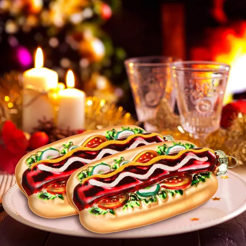 Vista 6 de 2 adornos navideños hechos a mano de vidrio soplado para decoración de chimenea de árbol de Navidad (estilo perro caliente) Handcrafted Glass