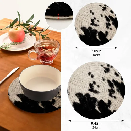 Vista 3 de Kigai Salvamanteles redondos de algodón con estampado de piel de vaca, almohadillas calientes de algodón puro, posavasos elegantes para bohemio
