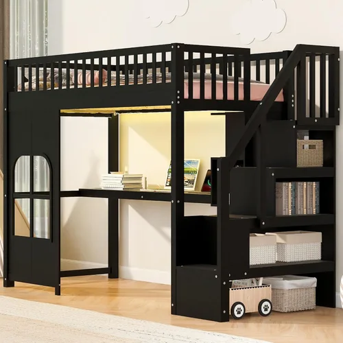 Vista 3 de Playhouse Wood Twin Size Loft Bed with Storage Staircase, Desk, Shelves