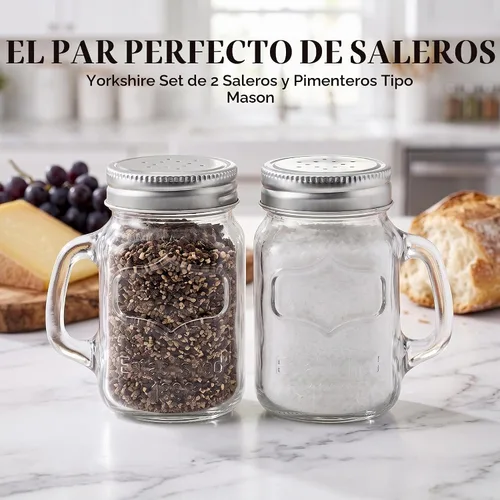 Vista 3 de Circleware Mason Yorkshire - Juego de 2 tazas de sal y pimienta con asas de vidrio y tapas de metal, 5 onzas, juego de 2 en caja de regalo, vajilla