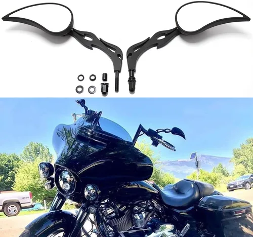 Vista 6 de Espejos retrovisores negros de 8 mm en forma de lágrima para motocicletas, compatibles con Road King, Street, Electra Glide, Road Glide, Dyna