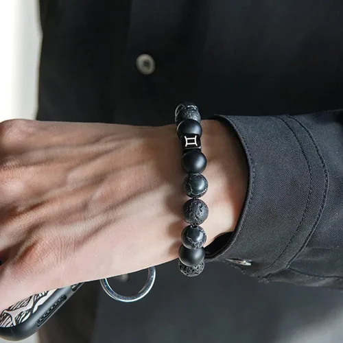 Vista 2 de Pulsera del zodiaco para hombre de 0.394 pulgadas (0.394 in) con piedras semipreciosas naturales, pulsera de cuentas de chakras, signo de estrella