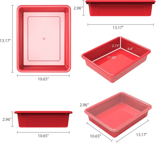 Vista 10 de Storex Bandeja de almacenamiento plana tamaño carta, contenedor organizador con tapa sin broches para aula, oficina y hogar, rojo, paquete de 5